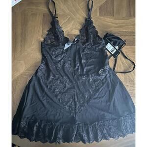 Oh La La Cheri Babydoll Womens Large Black Soft Cup Lace, G-String Thong Set